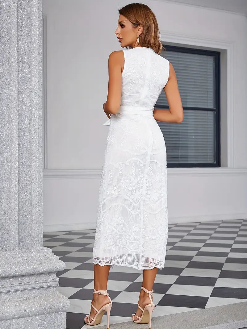 Eilly Bazar Belted Crew Neck Split Hem Dress