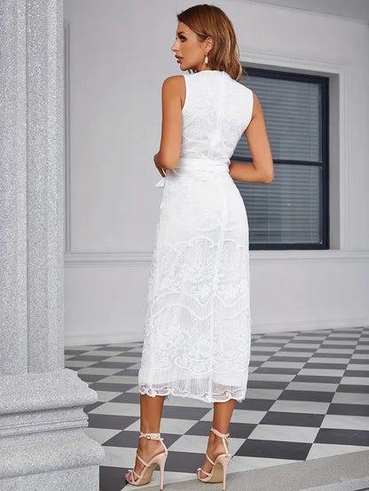 Eilly Bazar Belted Crew Neck Split Hem Dress