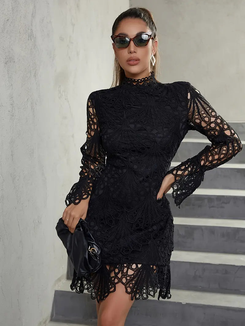 Eilly Bazar Elegant Lace Trim High Collar Bodycon Long Sleeve Mini Dress