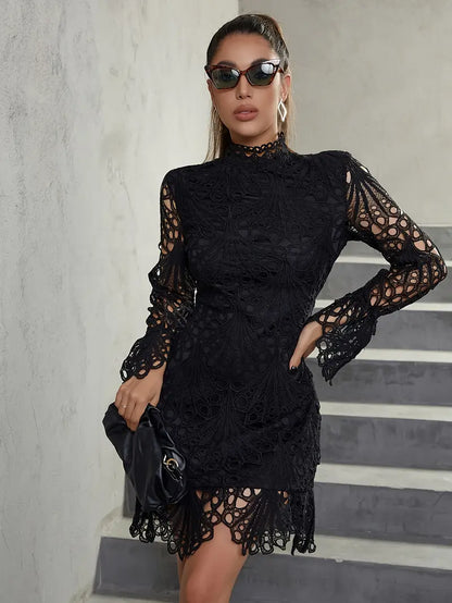 Eilly Bazar Elegant Lace Trim High Collar Bodycon Long Sleeve Mini Dress
