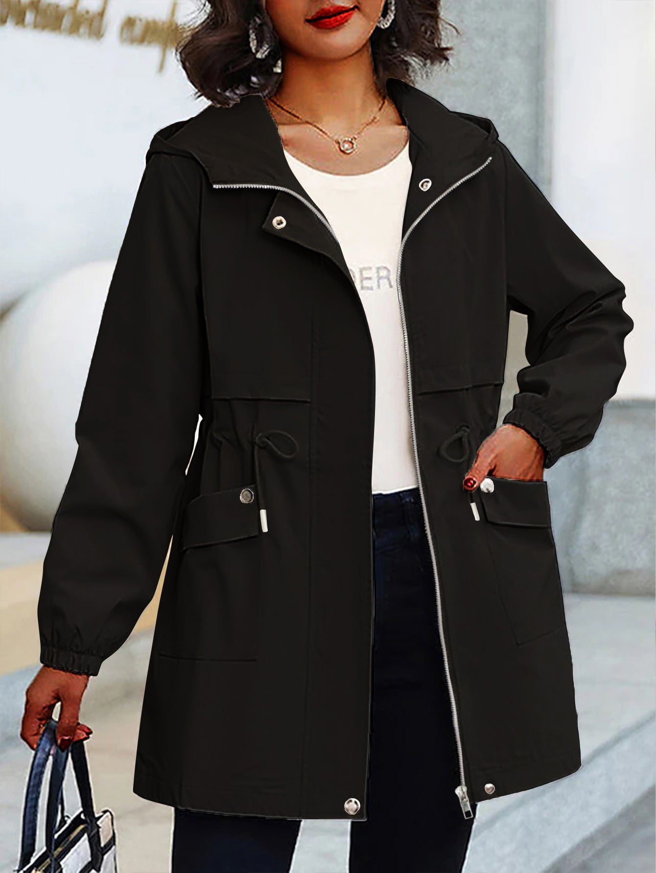 Eilly Bazar Women's Plus Size Trench Coat with Hood