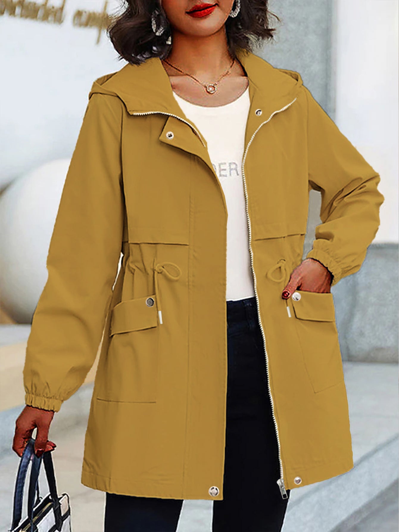 Eilly Bazar Women's Plus Size Trench Coat with Hood