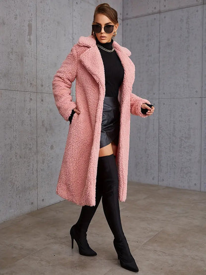 Eilly Bazar Elegant Plush Long Sleeve Solid Lapel Neck Coat
