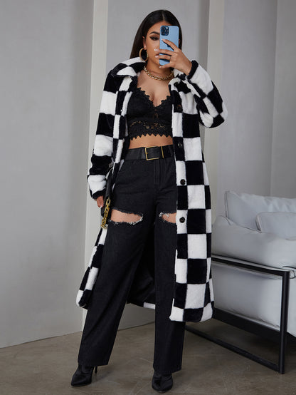 Eilly Bazar Women's Plaid  Faux Fur Jacket