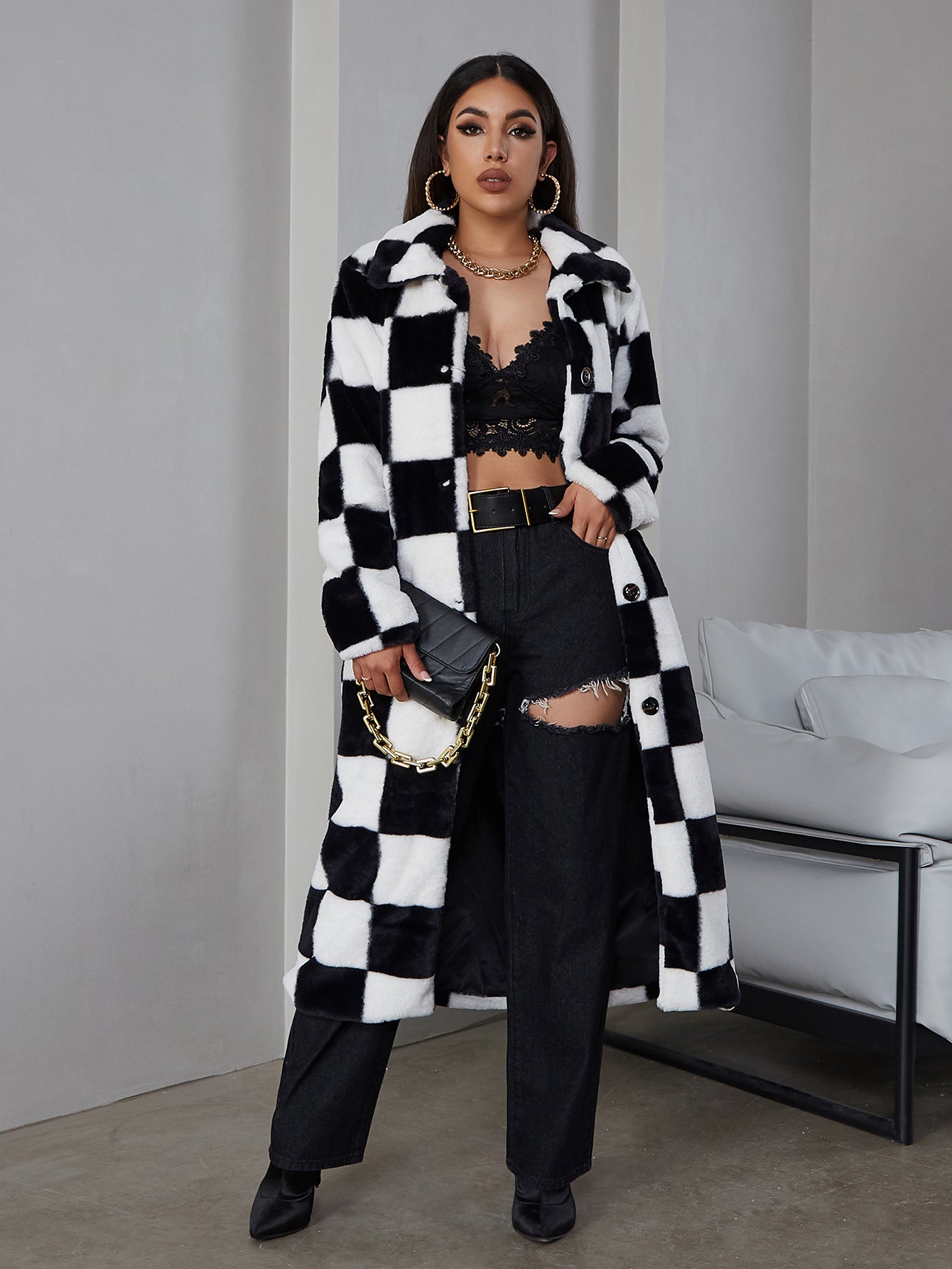 Eilly Bazar Women's Plaid Faux Fur Jacket