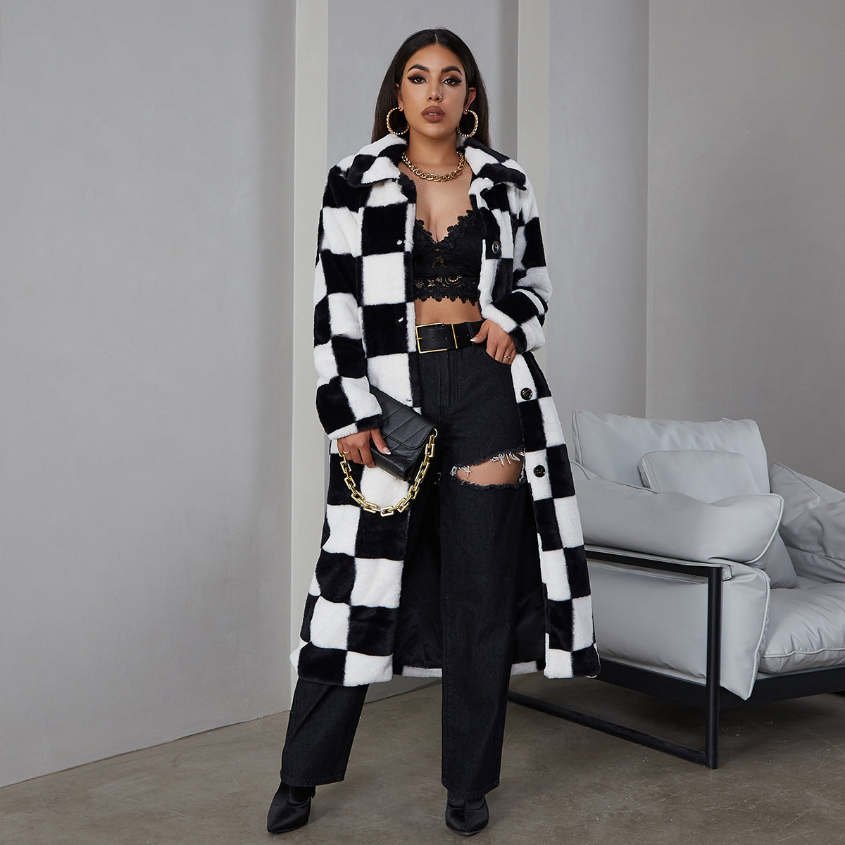 Eilly Bazar Women's Plaid Faux Fur Jacket