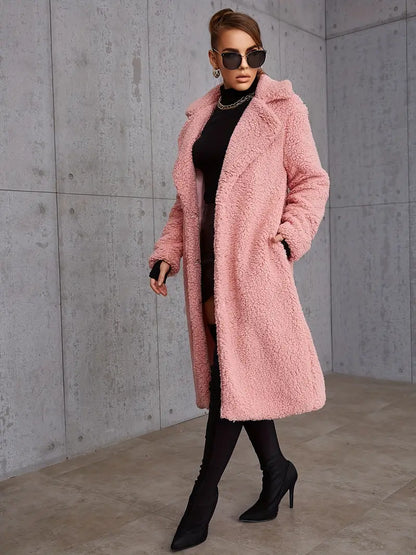 Eilly Bazar Elegant Plush Long Sleeve Solid Lapel Neck Coat