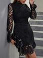 Eilly Bazar Elegant Lace Trim High Collar Bodycon Long Sleeve Mini Dress