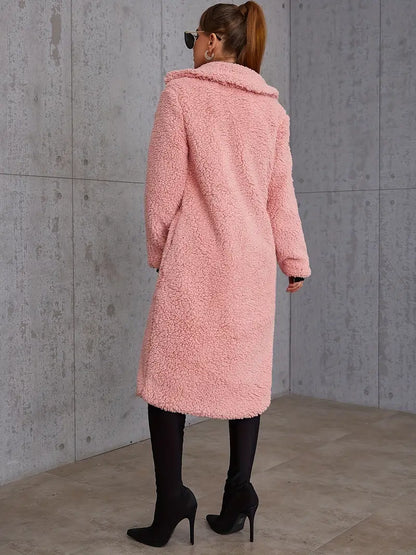 Eilly Bazar Elegant Plush Long Sleeve Solid Lapel Neck Coat
