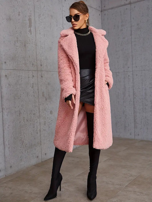 Eilly Bazar Elegant Plush Long Sleeve Solid Lapel Neck Coat