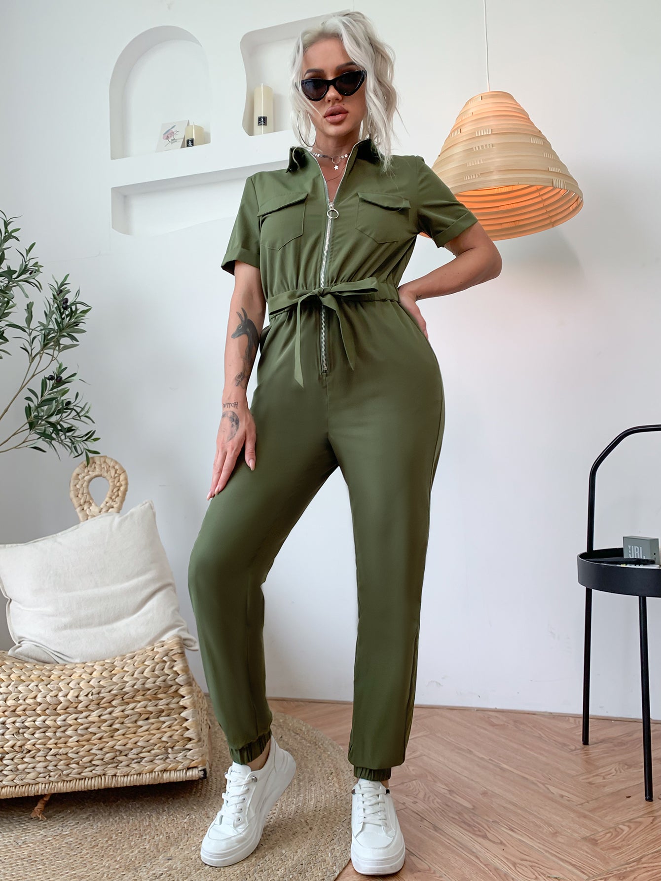 Eilly Bazar Zip Front Tie Waist Shirt Jumpsuit