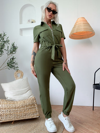 Eilly Bazar Zip Front Tie Waist Shirt Jumpsuit