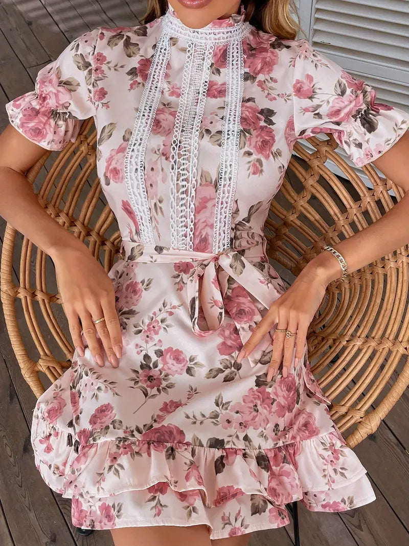 Eilly Bazar Summer print small stand collar dress with belt