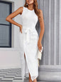 Eilly Bazar Belted Crew Neck Split Hem Dress
